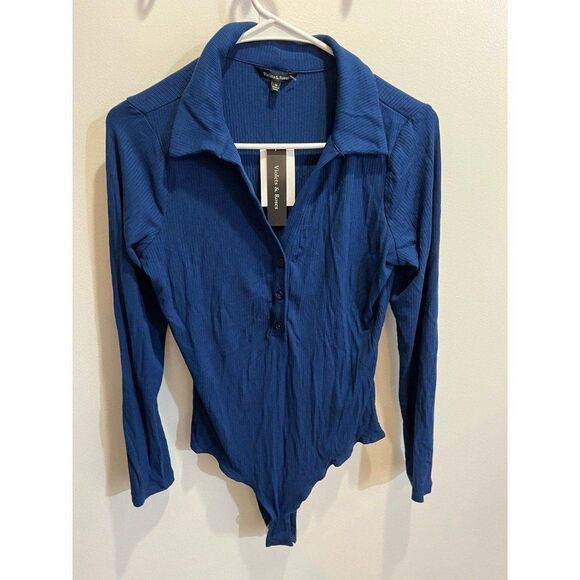 Violets & Roses NWT Blue Ribbed Knit Long Sleeve Bodysuit Fall Chic Minimalist - Picture 3 of 11
